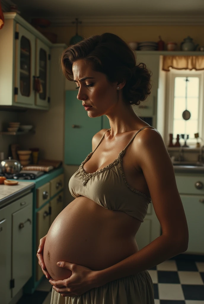 A pregnant 1950's housewife crying in a vintage kitchen. Topless