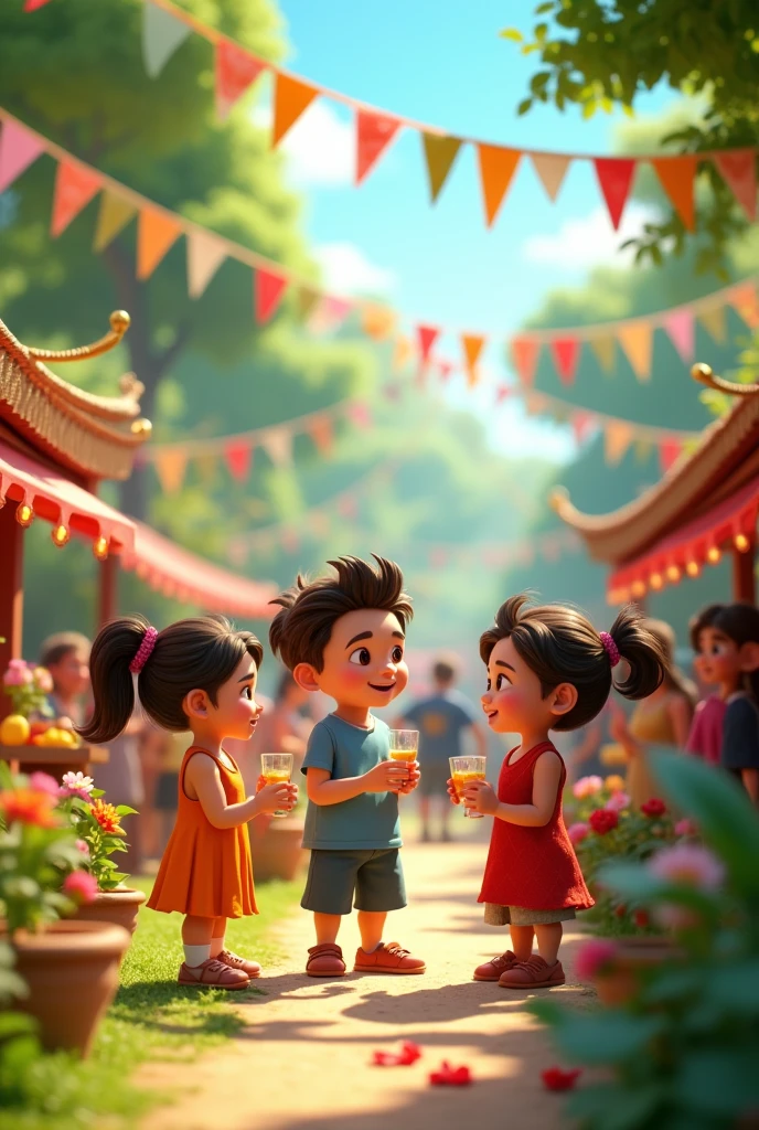 Generate in cinematic 3d cartoon style
Gaon Ki Utsav**: Gaon ke log ek saath aakarshan aur khushi ke saath bagiche ko dekh rahe hain. Log ek dusre se baat kar rahe hain, has rahe hain, aur bagiche ka anand le rahe hain.