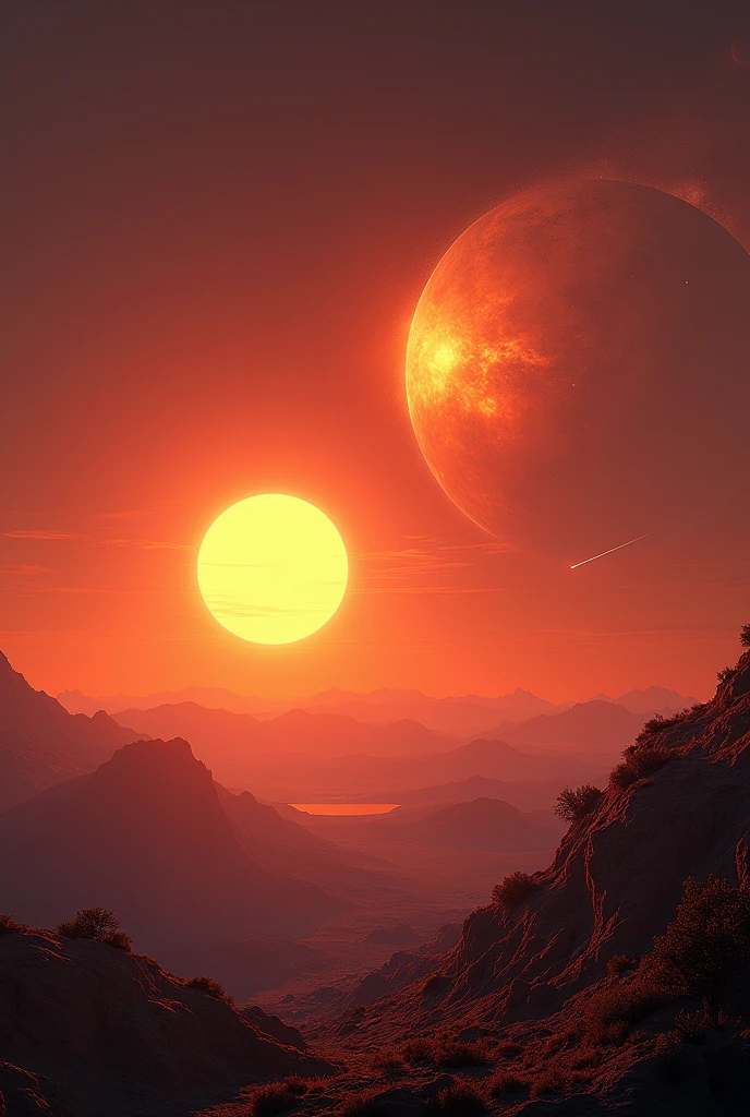 show a planet orbited by 2 suns, where a moon can still be seen in the background, and a comet that travels through