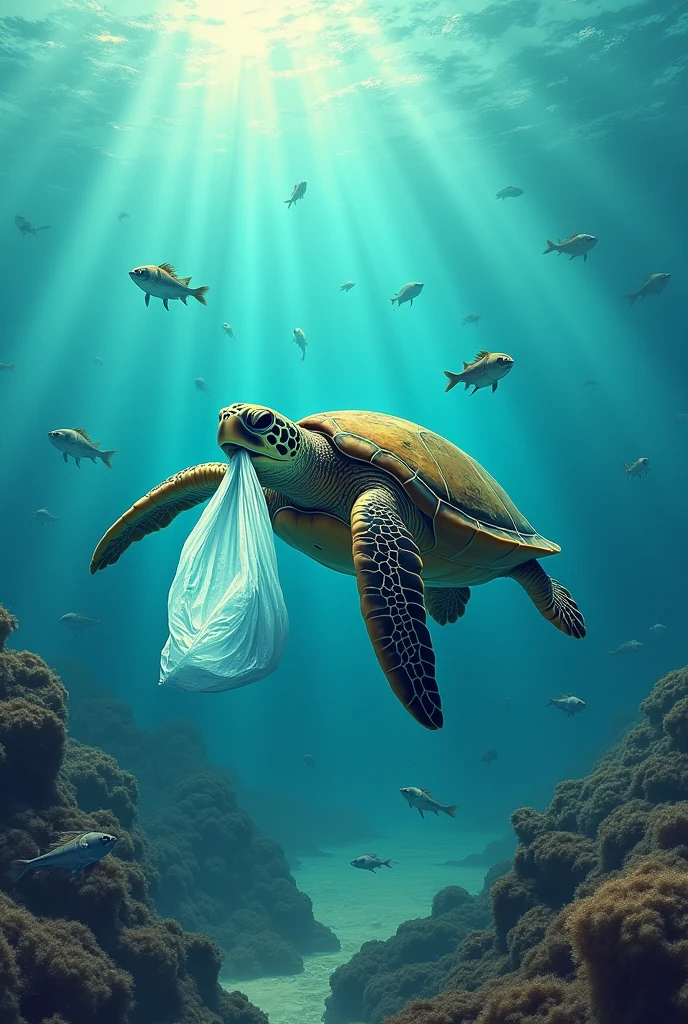 Environmental awareness poster, with a turtle in the ocean that is eating a plastic bag and fish that are sick from the plastic around, with a phrase with letters in Spanish that says " You see the difference, They don't. "