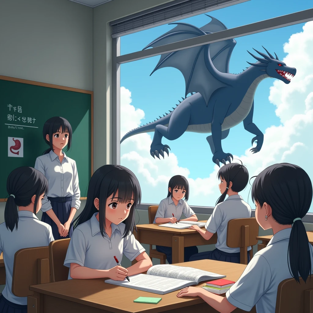 A Japanese girl is in a classroom. She is studying the digestive system. :: There are 5 more female students. :: 1 Japanese female teacher :: The board has a picture of the stomach. :: There is a model of a stomach on the table. :: She looked out the window. :: There is a four-legged dragon with a big black belly in the sky. (((full body))) (((realistic)))