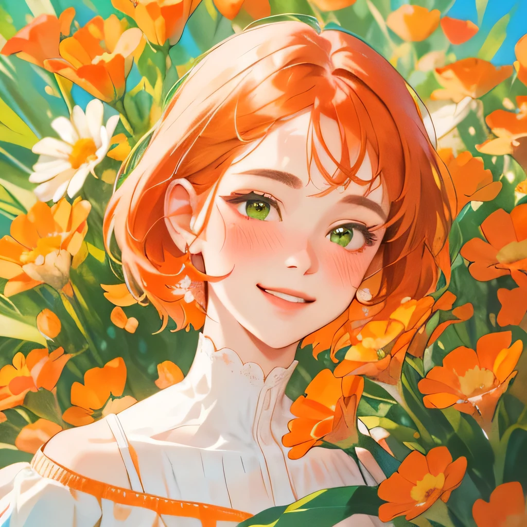 (1woman, detailed face features, delicate skin texture, orange blush on cheeks, red orange hair, green hazel eyes, wearing an off-shoulder white dress: 1.2), holding flowers in both hands, a smile adorning her rosy cheeks, surrounded by an intricately detailed and vibrant background of blooming flowers, captured in the best quality, ultra-high resolution, 8K image, a masterpiece to behold, portrait, close up to face.