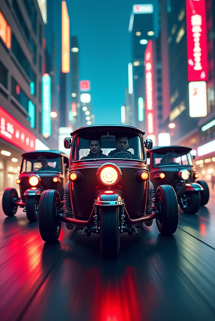 Create a cover identical to THE FAST AND THE FURIOUS but instead of cars you put some well-tuned and sporty tuk tuks.
