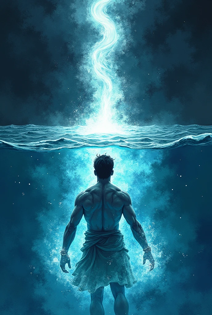 Create a lineart illustration Scene: Create an image Show Marine at a crucial moment in her practice, with a scene split: half with the cold, dark water, and the other half beginning to glow and transform with the magic she is trying to master.forward.