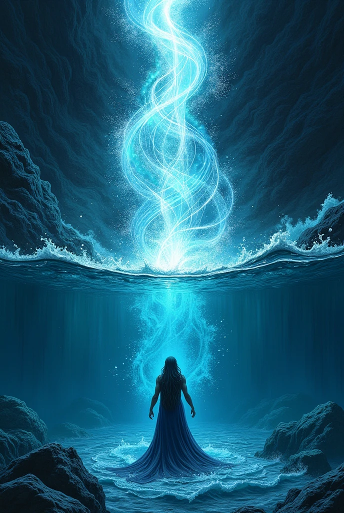 Create a lineart illustration Scene: Create an image Show Marine at a crucial moment in her practice, with a scene split: half with the cold, dark water, and the other half beginning to glow and transform with the magic she is trying to master.forward.