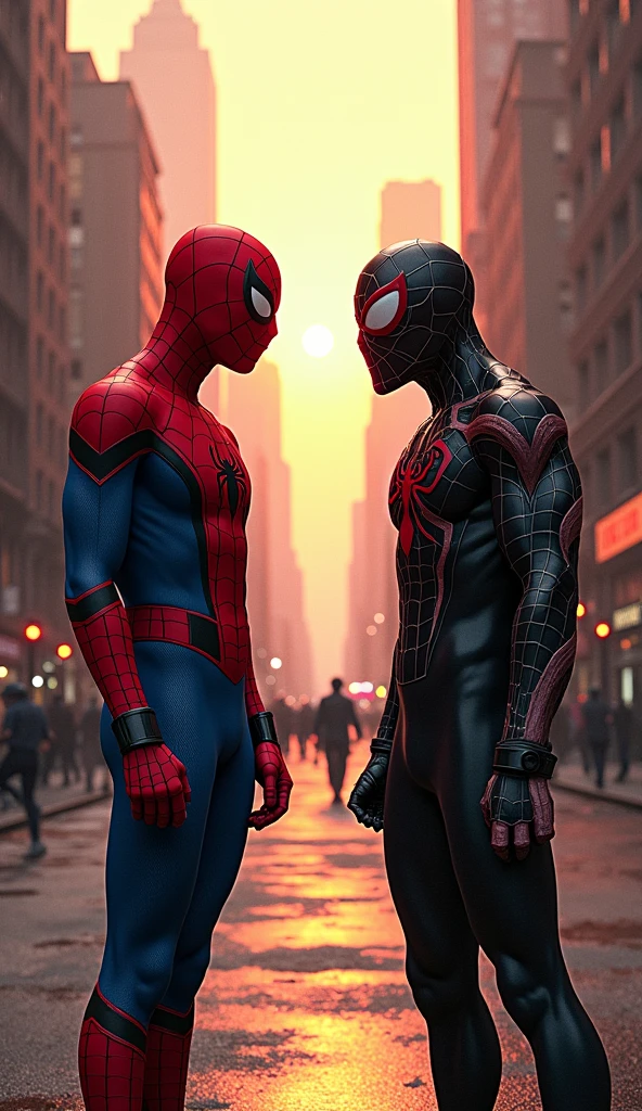 In a shimmering twilight over New York, Spider-Man finds himself in an unusual impasse: facing not only a new villain, but also his own twisted reflection, a corrupted version of himself, created from a remnant of the symbiote that once dominated him., Retro comic style artwork, perfect composition,hyperrealistic,super detailed,high quality,sharp focus,studio photo,intricate details,highly detailed