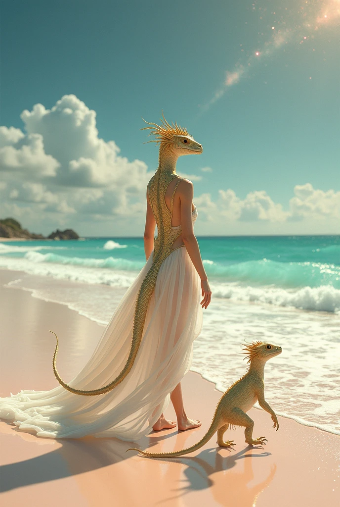 une femme guerrière et un varan dans un désert, une photo extérieure plan large détaillée, dunes, sable, monde ancien disparu, soleil matinal, femme genre européen, guerierre moderne ancien, arc et flèches en titane, elle tire avec efforts derrière elle un grand dragon de Komodo tenu en laisse par une chaîne, sa silhouette légèrement musclée est gracieuse, ses cheveux blonds courts et bouclés, une peau claire, elle porte en vêtements un voile fin transparent qui avec la lumière rasante du petit matin met en valeur ses formes féminines.