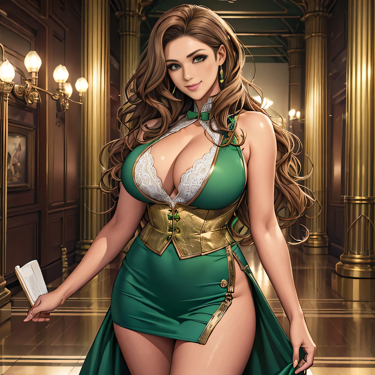 woman((30 years old)), hair((wavy, golden brown)), eye((smart eye, green)), Clothes((new york fashion week, light green)), smile, Proudly, random hairstyles, accessories,Costume with large open chest,super mini skirt,lace costume,revealing costumes