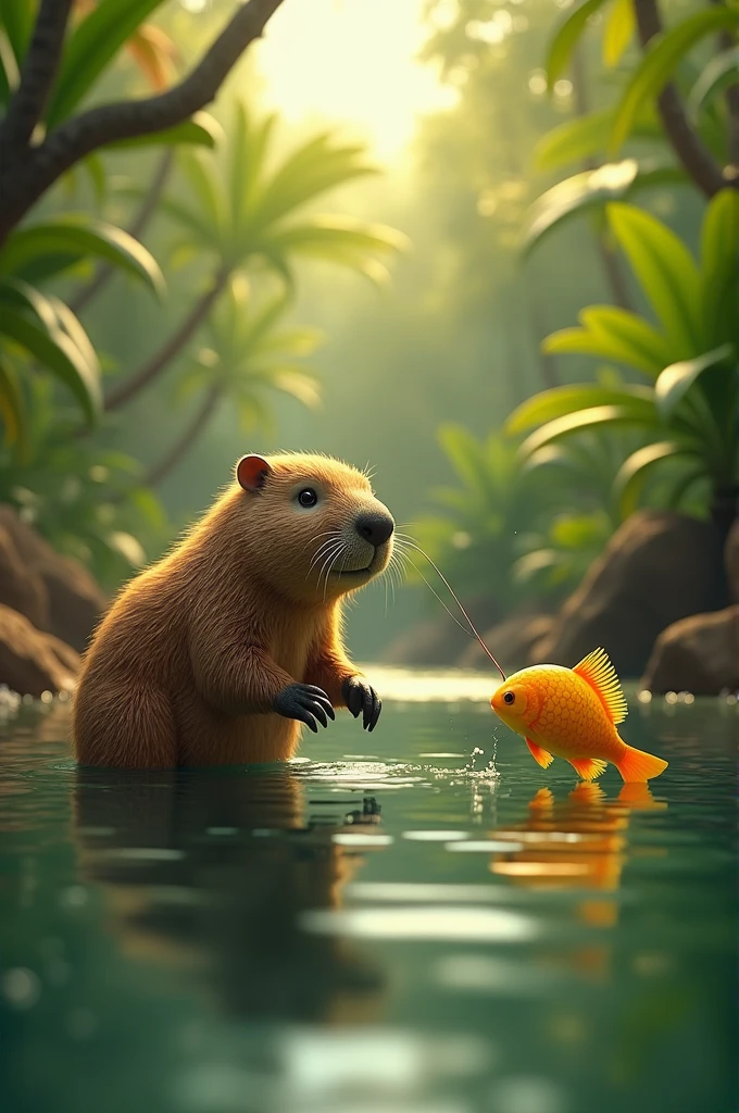 Capybara fishing for a dorado 