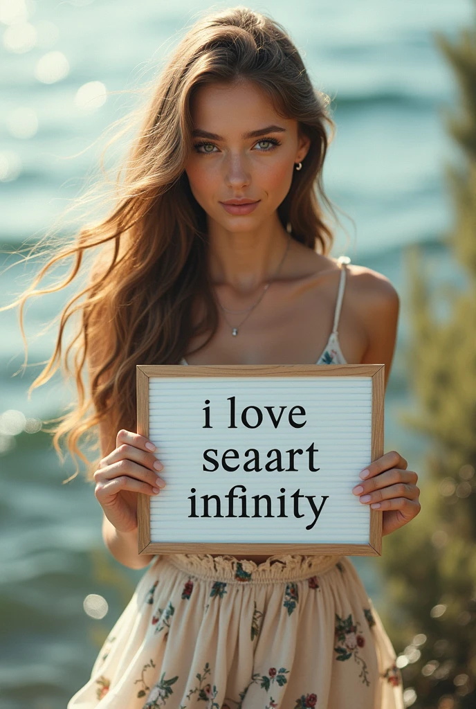Beautiful girl with wavy long hair, bohemian dress, holding a white board with text "I Love Seaart Infinity" and showing it to the viewer