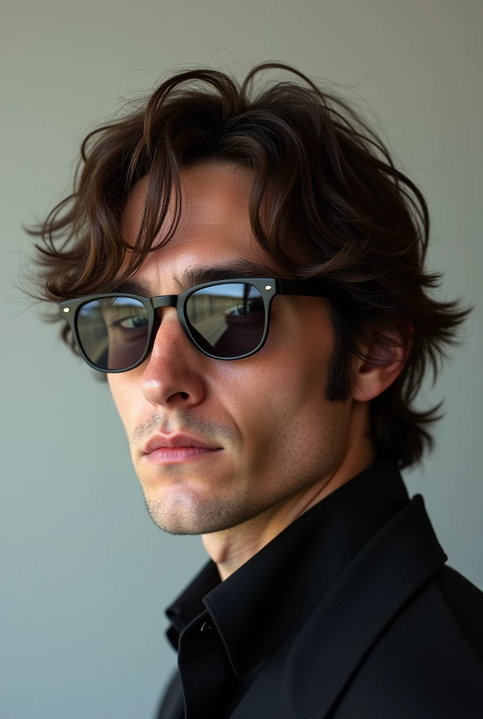 A man who looks like John Lennon without a beard wearing Saul Hudson sunglasses (slash)