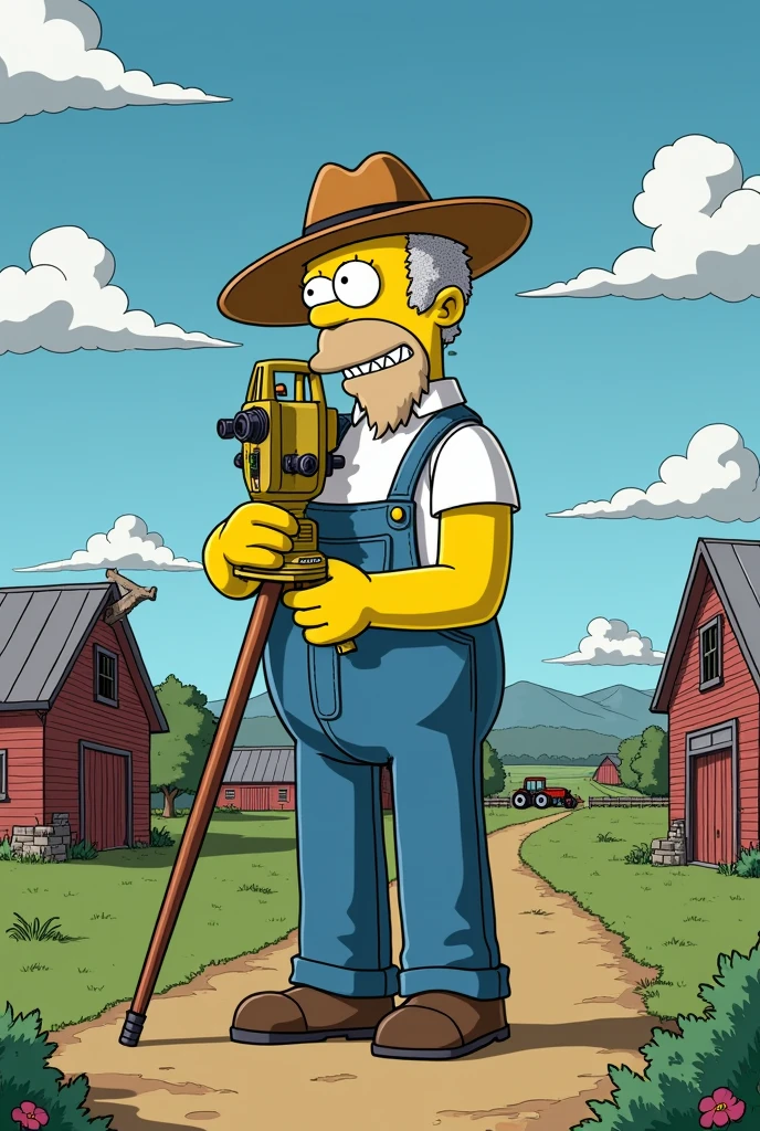 Simpsons character Cletus Spuckler with a theodolite