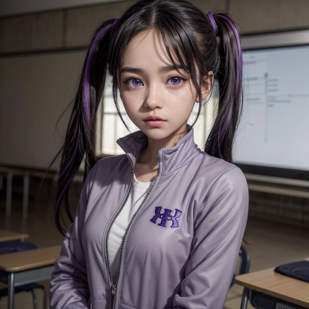 A screenshot of boku no hero, girl with a purple eyes, skin brown, black hair color with a purple streak, ua uniform, gray jacket, she is standing in a classroom, my hero academia, boku no hero ss, boku no hero screen cap