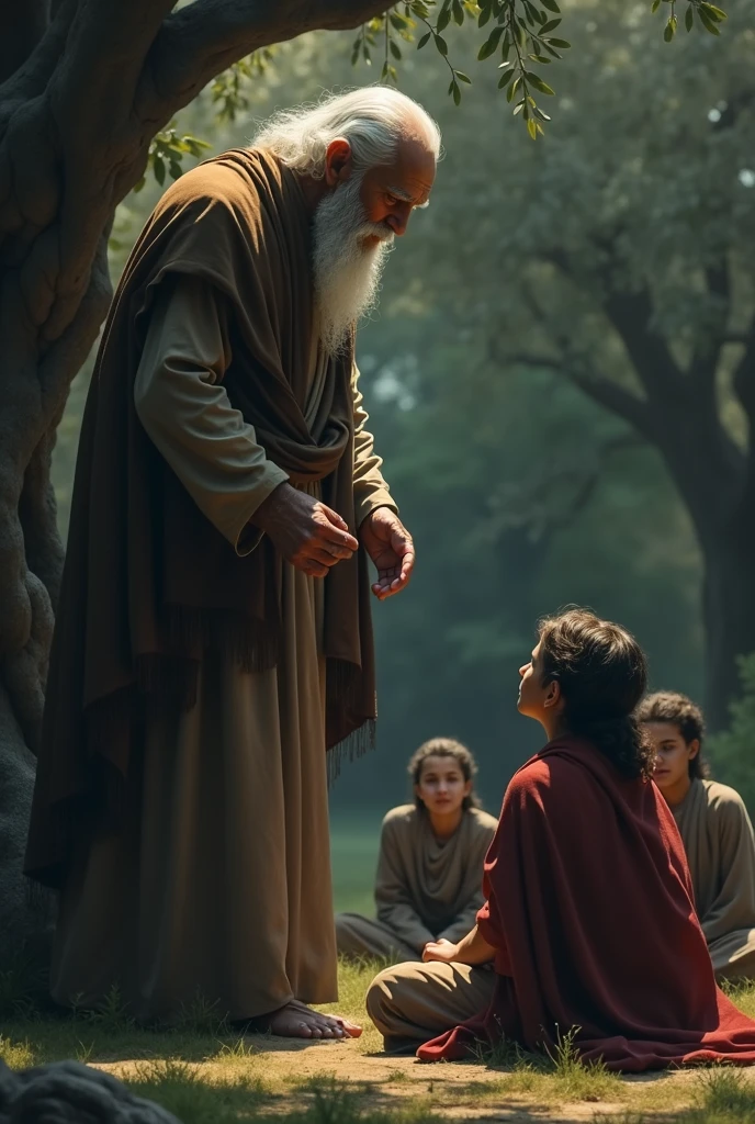 Epictetus Teaching Under an Olive Tree:
Prompt: "An older man dressed in a simple robe stands under a large olive tree, teaching a small group of attentive students. Sunlight filters through the leaves, casting a warm, gentle glow over the scene. The students sit on the ground, listening intently, as the teacher speaks with wisdom and calmness."
