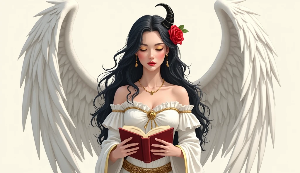 White woman, long black hair, slightly curly, noble. Aristocratic clothes, with light gold details. Eyes closed. Holding a book. Sheath with katana at the waist. White wings coming out of the lower back, circling her legs, like a skirt. A single, black horn, in a spiral shape. Red rose in hair. Red lips with light yellow eye shadow. Neutral background, single color. Medieval style.
Realistic flat drawing style.