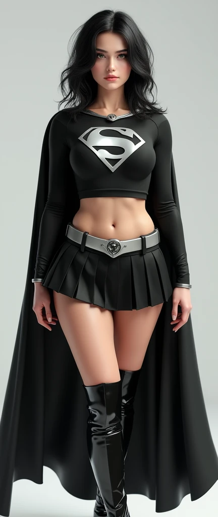 A FULL BODY VIEW OF A SEXY BUSTY TEEN FEMALE WITH DREAMY GREEN EYES AND MEDIUM MESSY BLACK HAIR WEARING A BLACK LONG-SLEEVED SUPERGIRL CROP=TOP WITH A SILVER "S" EMBLEM, A SHORT BLACK PLEATED SKIRT WITH A SILVER BELT, BLACK HIGH HEELED SUPERGIRL BOOTS, AND A LONG BLACK SUPERGIRL CAPE WITH SILVER TRIM. INCREDIBLY DETAILED SKIN, INCREDIBLEY DETAILED FACE, INCREDIDBLEY DETAILED CLOTHING, TEXTURED SKIN PORES, TEXTURED HAIR, 8K ABSURD RESOLUTION, MASTERPIECE. PHOTO REALSITIC, HYPER REALISTIC.