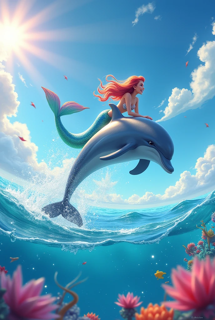 Colorful dolphin jumping in the sea with a colorful mermaid on a sunny day 