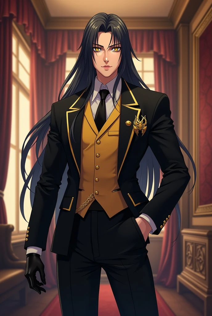 Create an anime style image of my character: It's called Dahak, lives on earth. stomach 1.97, Her hair is black and long to her waist. Her skin is white with pink undertones.. His eyes are golden and his pupils are slanted like those of a feline.. He is 2. His body type is inverted triangle. (shoulders wider than hips), Your somatotype is mesomorphic. He is muscular and strong. He has a serious and attractive expression.. He is dressed in an elegant black suit with gold details., and a yellow vest. His jacket has a gold chain clasp.. It has no horns or wings.. He has black leather gloves on his hands.. She has bushy eyebrows and thick, beautiful eyelashes.. He is very handsome. And it's in his 1800's Victorian style mansion.