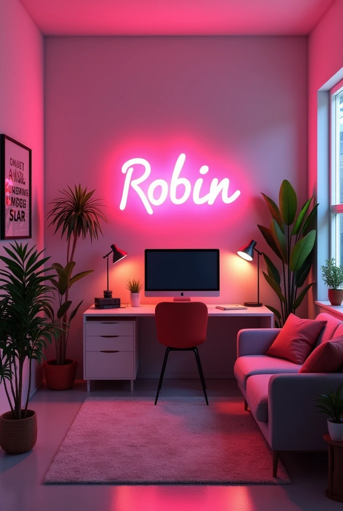 creat an image of YouTube studio room with a subtle neon board with statement in bold "Robin" . make sure that none of the letters in the text is misspelled