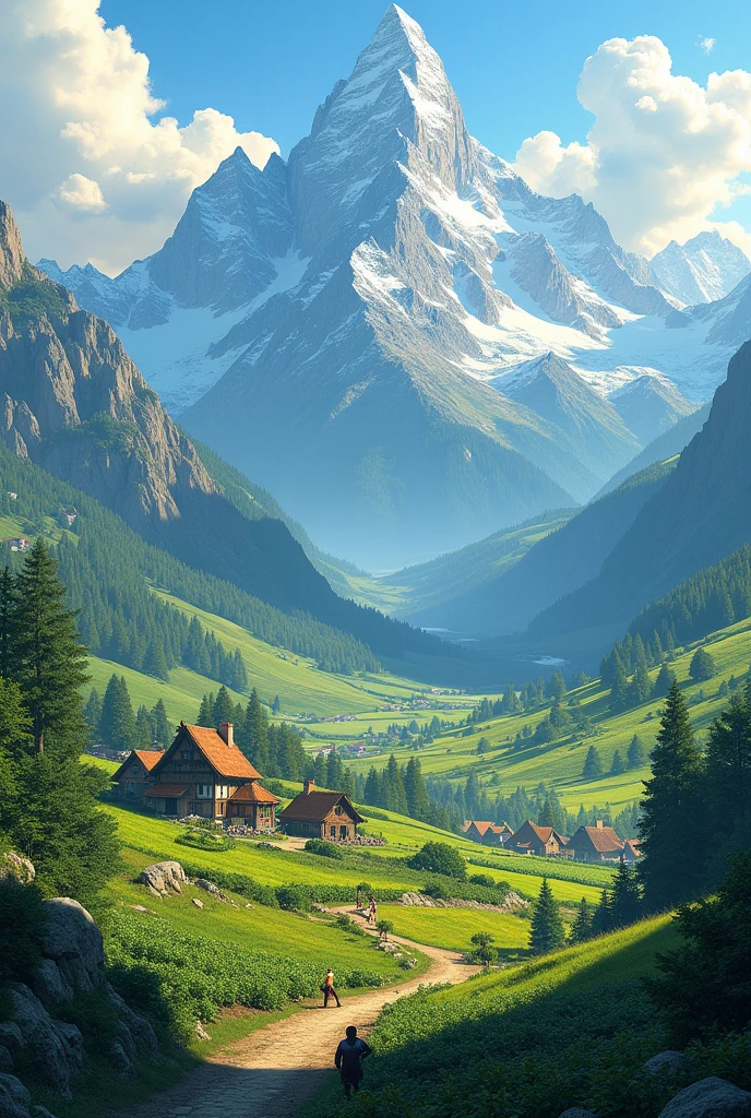 A beautiful view of mountains and a village and people work on their farms 