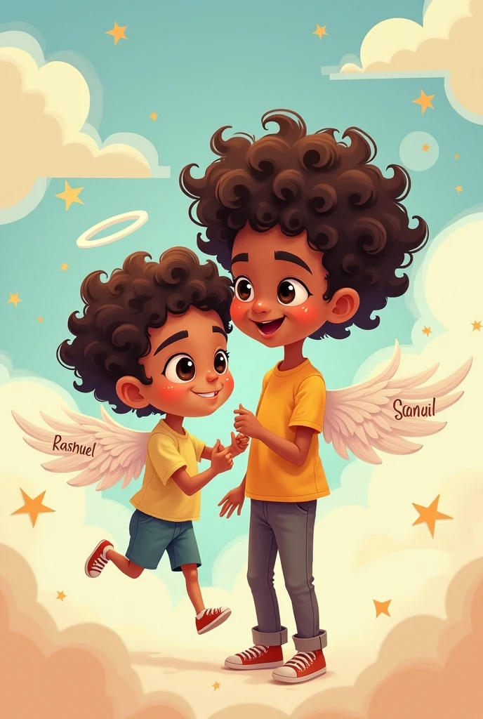Cartoon of dad and son with curly hair, thin and big eyes. The son must be approximately and the father 2., with angel wings. With the names of Samuel and Rashid