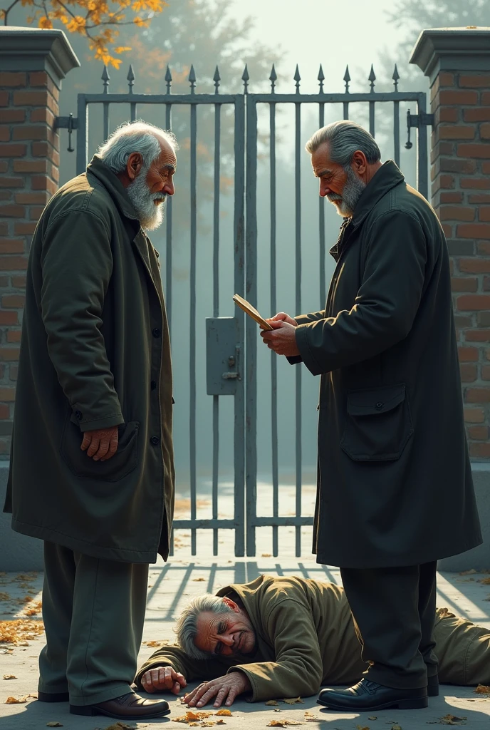 Mr. John is an elderly man in his late 70s, with a frail, thin frame. His face is weathered from years of hardship, with deep lines etched into his skin. He wears tattered clothes—an old jacket with holes, thin pants, and worn-out shoes. His beard is scruffy, and his hair is unkempt, showing the signs of living a difficult life on the streets and Mr. John outside his gate had succumbed to the cold and sleep on the ground. Mr. Harris is a man in his mid-50s, impeccably dressed in expensive tailored suits. He has graying hair neatly combed back, and his face shows signs of a life of comfort, with soft skin and a well-groomed beard. He often appears polished, with a sense of pride and success and reading a note