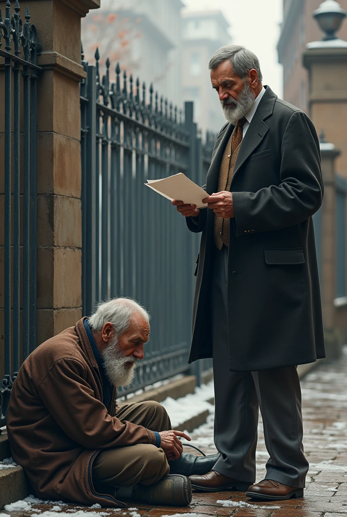 Mr. John is an elderly man in his late 70s, with a frail, thin frame. His face is weathered from years of hardship, with deep lines etched into his skin. He wears tattered clothes—an old jacket with holes, thin pants, and worn-out shoes. His beard is scruffy, and his hair is unkempt, showing the signs of living a difficult life on the streets and Mr. John outside his gate had succumbed to the cold and sleep on the ground. Mr. Harris is a man in his mid-50s, impeccably dressed in expensive tailored suits. He has graying hair neatly combed back, and his face shows signs of a life of comfort, with soft skin and a well-groomed beard. He often appears polished, with a sense of pride and success and reading a note