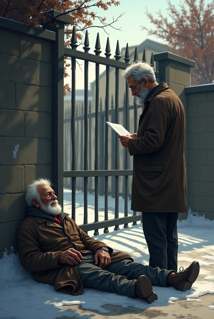 Mr. John is an elderly man in his late 70s, with a frail, thin frame. His face is weathered from years of hardship, with deep lines etched into his skin. He wears tattered clothes—an old jacket with holes, thin pants, and worn-out shoes. His beard is scruffy, and his hair is unkempt, showing the signs of living a difficult life on the streets and Mr. John outside his gate had succumbed to the cold and sleep on the ground. Mr. Harris is a man in his mid-50s, impeccably dressed in expensive tailored suits. He has graying hair neatly combed back, and his face shows signs of a life of comfort, with soft skin and a well-groomed beard. He often appears polished, with a sense of pride and success and reading a note