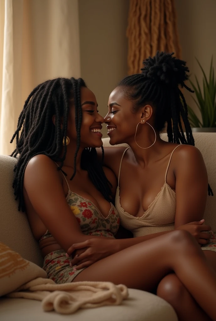 Lesbian black girls with dreadlocks flirting on sofa
