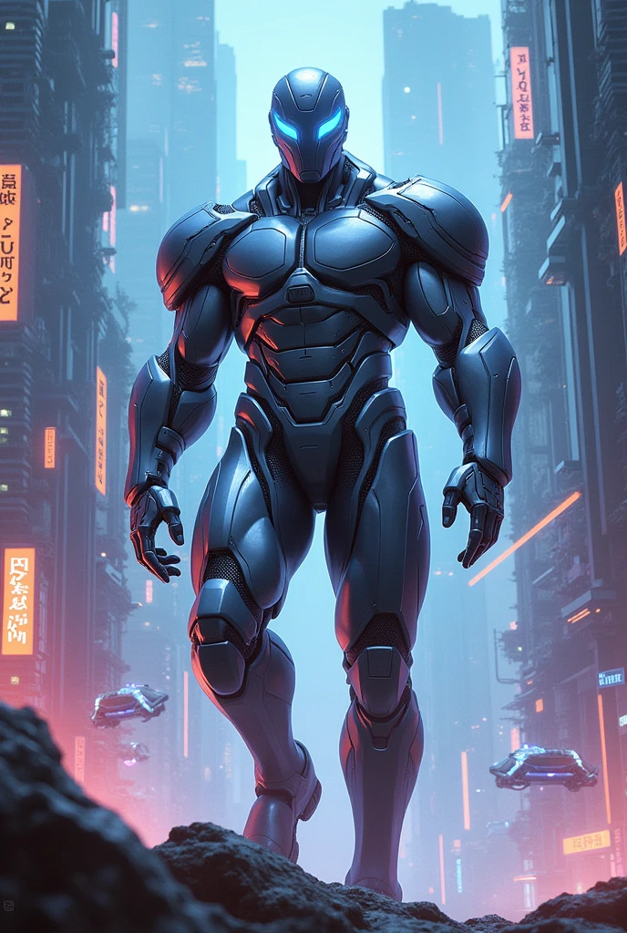 A big giga muscular men cyborg with scars on all body, red eyes, very white skins, scars everywhere, grab a car in histoire hand, a neon luminated and colored city scenery.