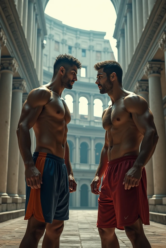 (photorealism: 1.2), two men facing each other,  dressed in sports uniforms, interior, Soft lighting,coliseum in the background,  confrontation pose, Realistic and intricate details , strong colors