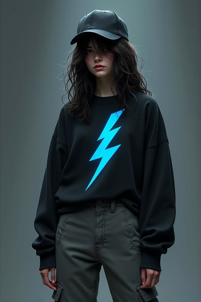I want to make a game character. A girl with wavy long hair wearing a cap which is hiding her face. She is wearing a black oversized shirt and grey cargo pants. A lightning symbol in blue colour is there the black shirt of hers. This is a mysterious character and she is playing the role of mastermind in my game. I want front facing and both side facing posing images
