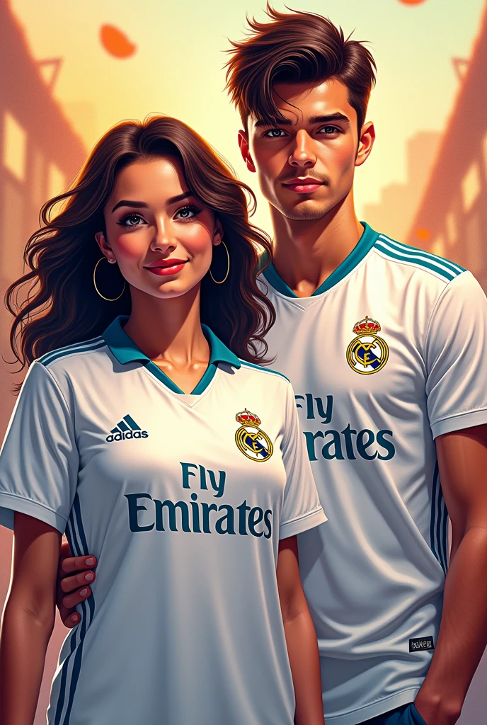 Create an image of a young man and a young woman dressed in the Real Madrid shirt. In the image of the woman, she has the name Analy and in the image of the young man, Lini Waldir. 