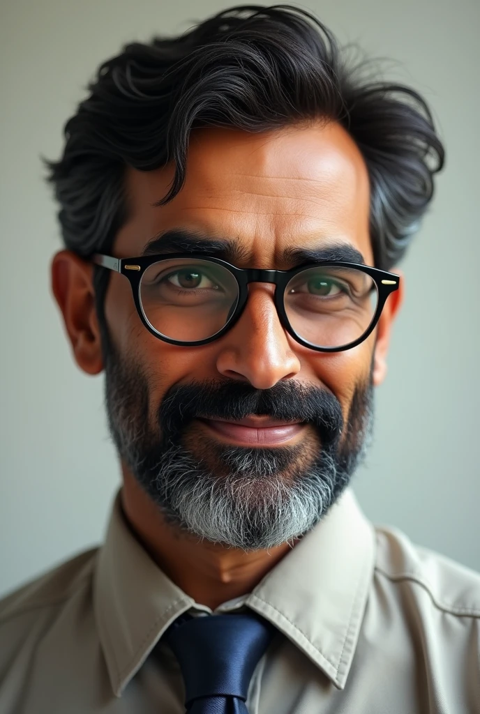 An Indian men in his middle 30 and have glasses and beard and not too old and realistic who works also and have a very detailed pic that looks like a photo not art