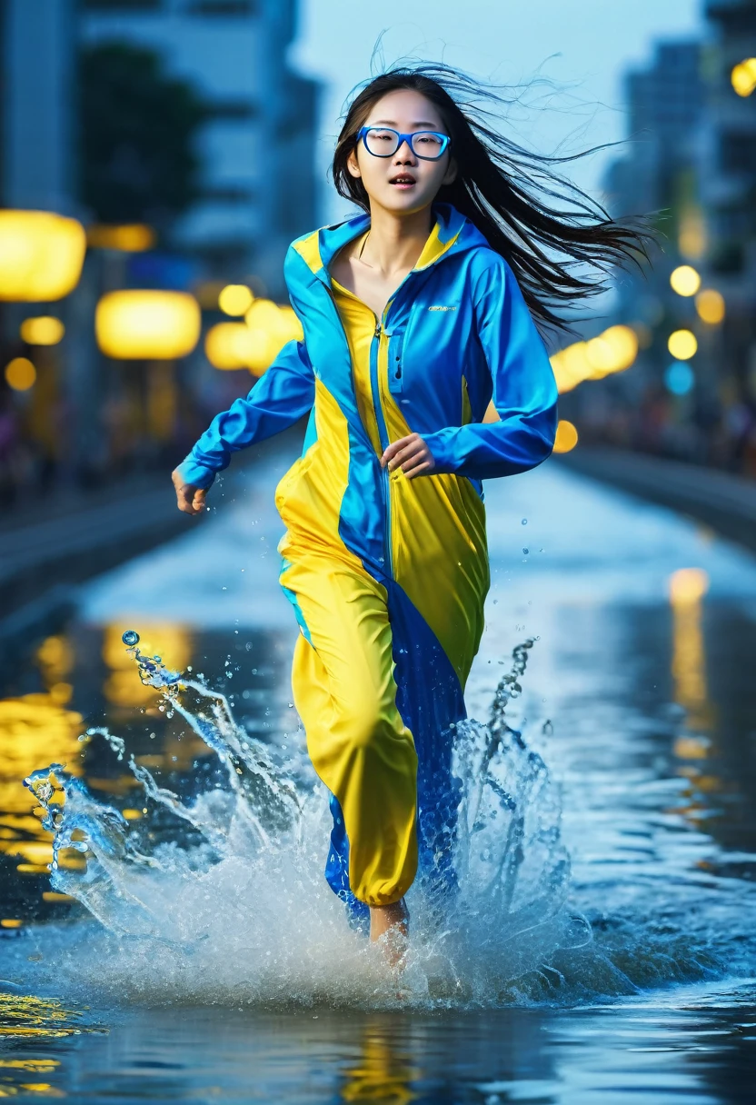 Chinese japan women average  wear jumpasuit high tech(( blue yellow)). Running effect. Glowing yellow power. Runfast effect. Wear blue big glasses big frame.running speed of light. running athlete. Braces teeth. waterfall background .Bokeh background. Panning effect. Yellow high tech watch. a beautiful young chinese women, , wearing a high-tech blue and yellow loose jumpsuit,run on water, floating water bubble, photorealistic, detailed facial features, long hair, elegant pose, dynamic lighting. glowing body yellow lightning effect, 8k, award-winning digital art, intricate details, vibrant colors, cinematic composition. very fasr run, highly detailed. light trail effect. speed of light. froze time effect. at the city.run water .shallow water . spash water. the girl run fast on wet road. between lamboghini.
