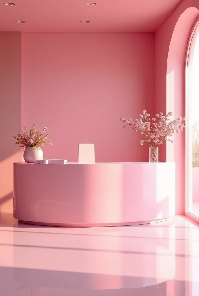 (photorealism:1.2) an empty pink reception front desk I'm a pink beauty salon seen from behind 