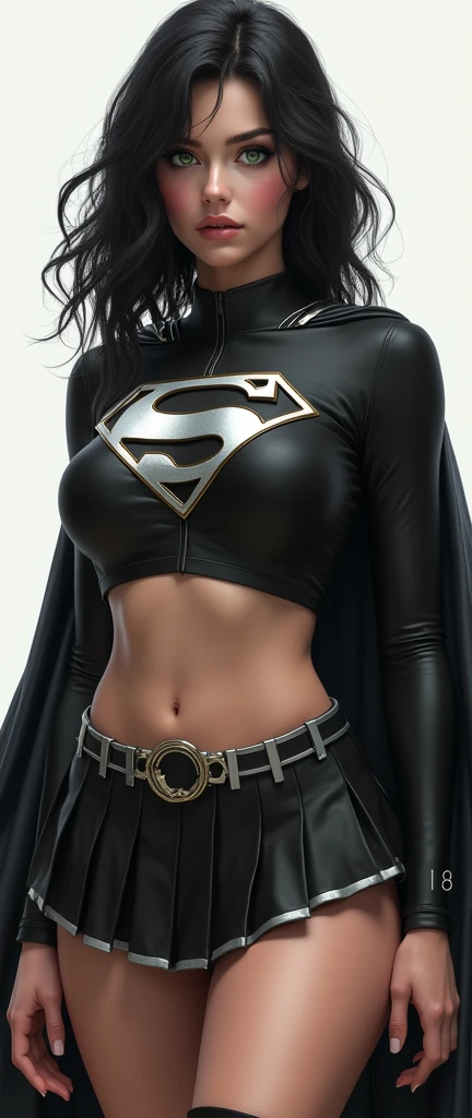 A FULL BODY VIEW OF A SEXY BUSTY TEEN FEMALE WITH DREAMY GREEN EYES AND MEDIUM MESSY BLACK HAIR WEARING A BLACK LONG-SLEEVED SUPERGIRL CROP=TOP WITH A METALIC SILVER "S" EMBLEM ON THE CHEST, A SHORT BLACK PLEATED SKIRT WITH A SILVER BELT, BLACK HIGH HEELED SUPERGIRL BOOTS, AND A LONG BLACK SUPERGIRL CAPE WITH SILVER TRIM. INCREDIBLY DETAILED SKIN, INCREDIBLEY DETAILED FACE, INCREDIDBLEY DETAILED CLOTHING, TEXTURED SKIN PORES, TEXTURED HAIR, 8K ABSURD RESOLUTION, MASTERPIECE. PHOTO REALSITIC, HYPER REALISTIC.