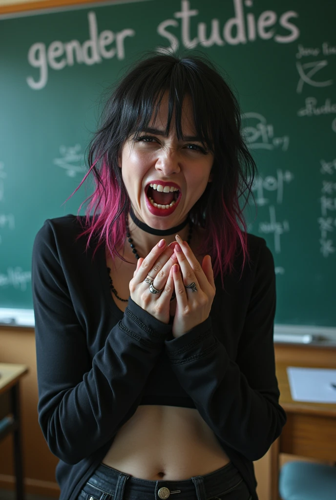 A sexy screaming emo girl looking embarrassed in front of a classroom. A blackboard behind her says "Gender Studies" written in chalk. Hiding her crotch in her hands. 