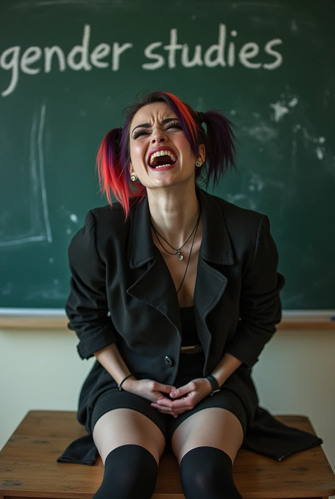 A sexy emo teen girl screaming in front of a classroom. A blackboard behind her says "Gender Studies" written in chalk