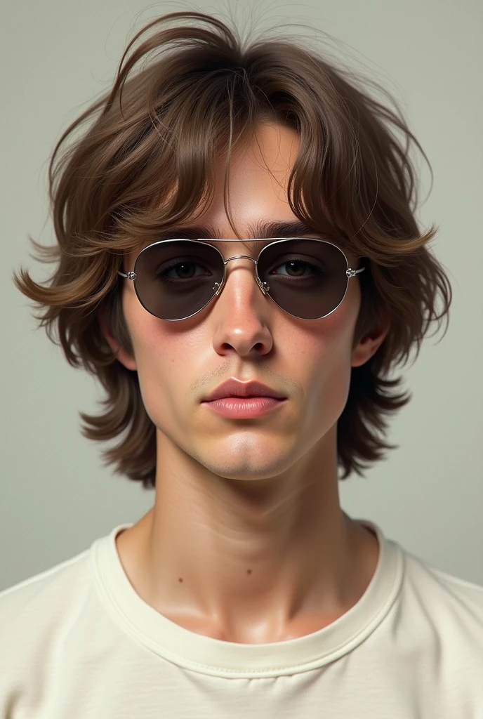 A man who looks like John Lennon without a beard and wearing aviator sunglasses