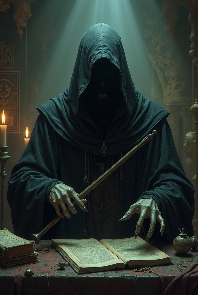 scull face sci fi robot men with dark robe hood sitting reading Quran in mosque. picture was side view. environtment was dark with evening light. look like wise and interligent. look mysterious. nobody around. clearly can see his scull face reading Quran. broad sword beside him on the floor.