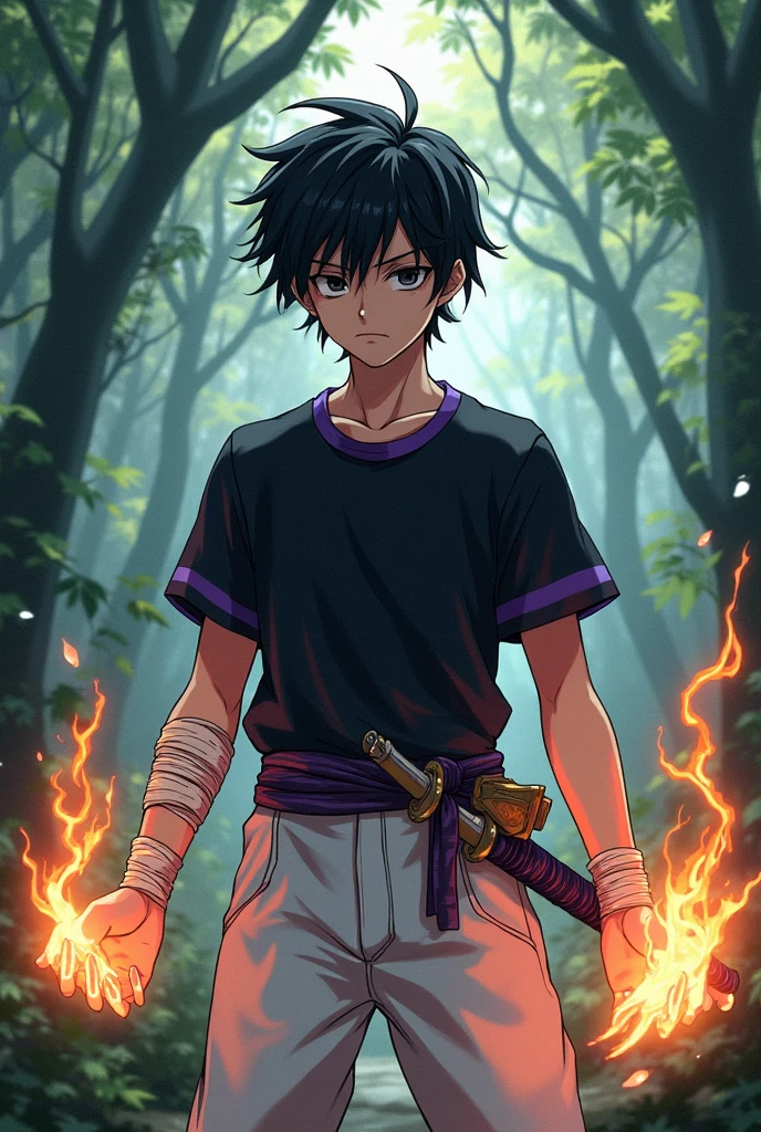 Young character 2 anime man with black hair and black eyes serious with a black shirt with purple stripes, white pants, lightning katana and fire hand and in a forest with bandages on the hands full body
