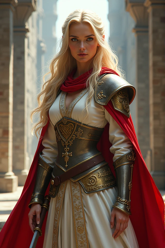 Feminine elf blond crusader with white red robe