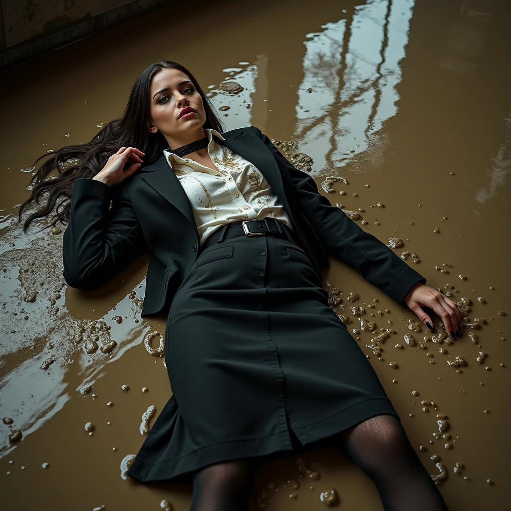 A realistic photo of one slender business goth lady, model-like appearance with long hair. She is dressed in long black business pencil skirt(muddy, dirty,,very torn and very ripped) made from cotton fabric, black business jacket(muddy, dirty) made from cotton and wool fabric. black business vest, white muddy shirt, stockings, black choker on the neck. She located in very muddy and very flooded big office room. She lies on her back and side, leaning on her elbow, with both legs spread and standing or lying on the floor in flirty and modest pose on the muddy floor, deep in dirty water and liquid mud, she smears a lot of liquid mud on her black business pencil skirt, jacket, vest, shirt, stockings, face, hair from head to toe. Her skirt and jacket extremely stained and covered with liquid mud, dirt and streaks from it, which has flows down from her jacket, shirt to her skirt, creating a messy and sloppy appearance. The light brilliantly illuminates all her clothes in details, casting small shadows and emphasizing the texture of the liquid mud on her clothes. View angle of the camera from top and rotated in different angle from the business lady.