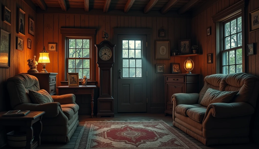 Hyper realistic texture high definition realism ultra hd 8k resolution smooth transition A dimly lit, rustic mountain cabin living room with old family photos, dusty furniture, and an antique clock prominently displayed. The room is illuminated by a flickering lantern, casting eerie shadows across the room.
