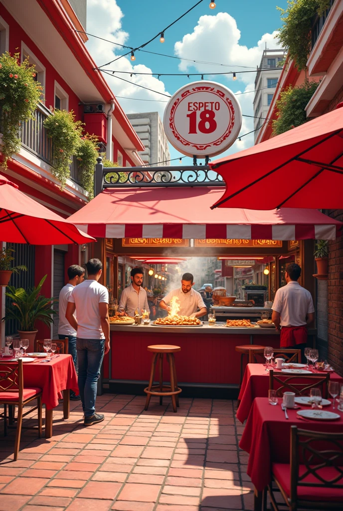 A place called Espeto 18 with a red and white background grilling meat skewers