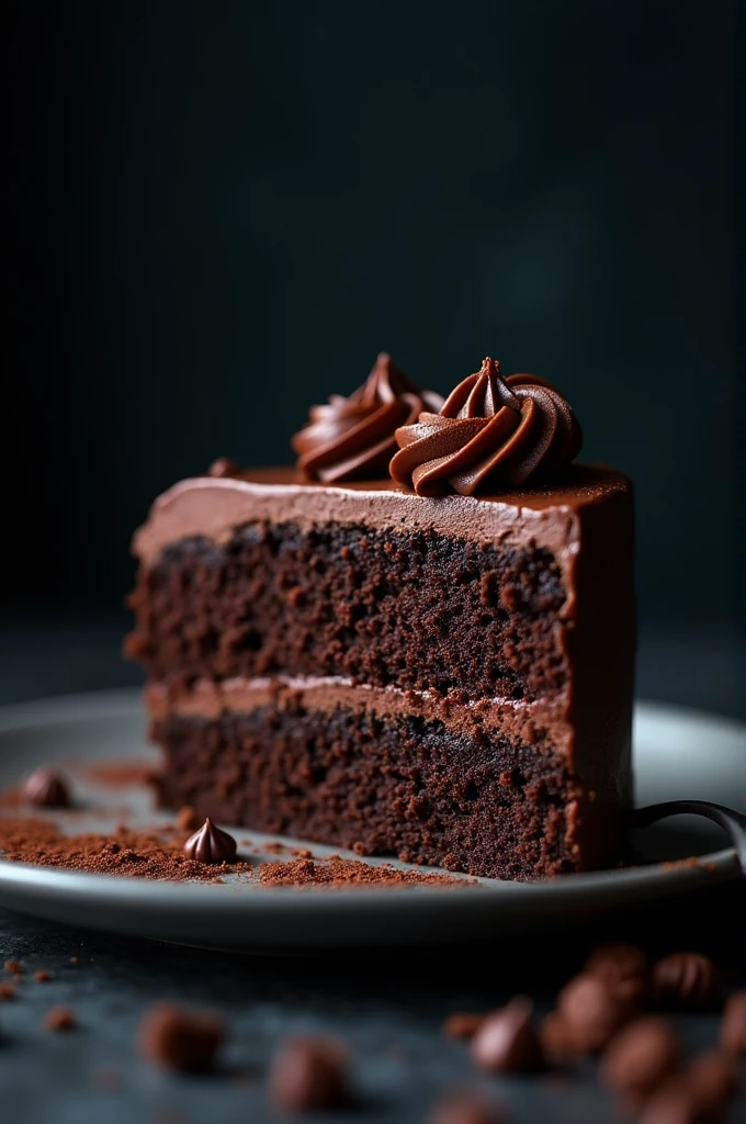 cinematic film still chocolate, chocolate cake, dark background, quality photo, moist texture, frosting, studio photo, slice . shallow depth of field, vignette, highly detailed, high budget, bokeh, cinemascope, moody, epic, gorgeous, film grain, grainy