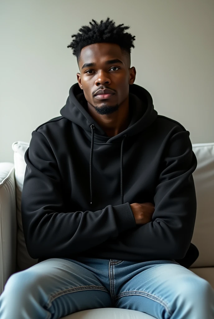 best qualityer:1.4), (ultra high resolution:1.2), (photorrealistic:1.4), (8k, CRU photo:1.2), a thin young man of 20 years old, skin black, with a smooth, beardless face, short american haircut on the sides and top, is wearing a black hooded sweatshirt. He&#39;s wearing a hood. He&#39;s wearing light jeans. He is sitting on the white sofa in a room. his arms are crossed.