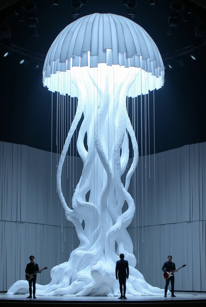 A stage for a band and a white-lit jellyfish made of cardboard on top