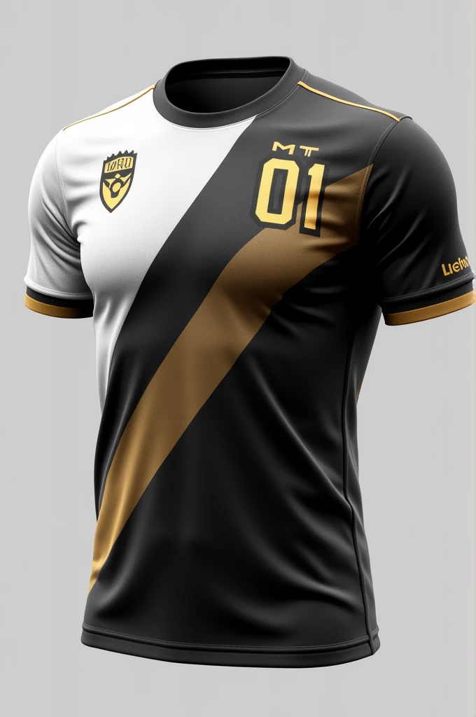 A team shirt in black with white and grey and some gold details. A MT 01 symbol on the left side. 